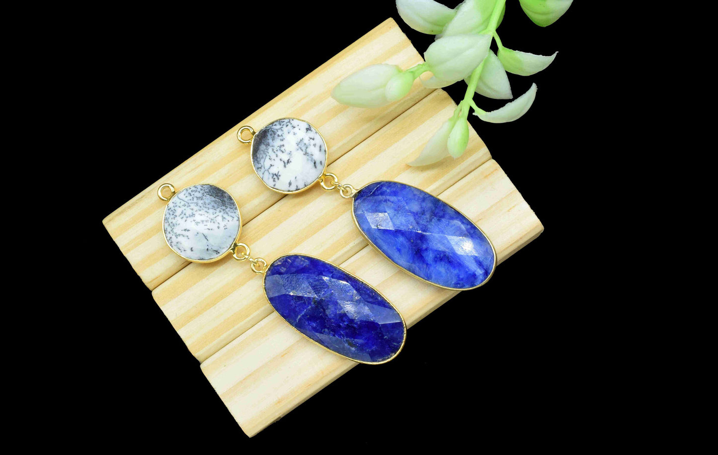 Blue Sapphire Dangle pendants,Station Link,Handmade jewelry,Dendrite pendant Charms,Component pendant,Multi Gemstone Connector,Bezel Jewelry