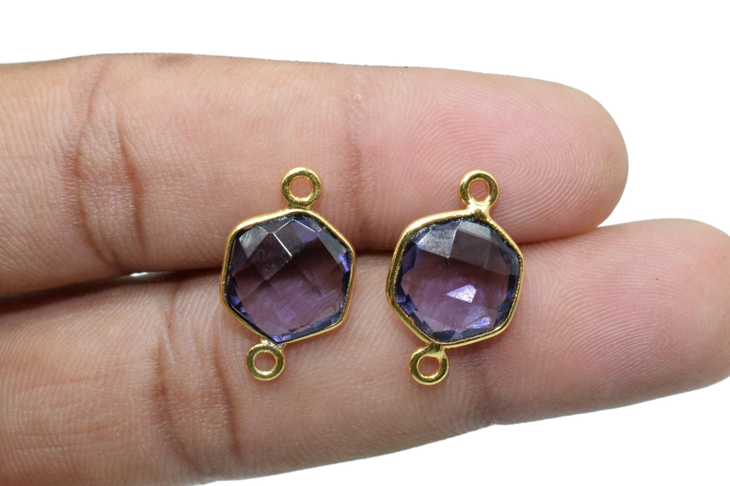 Amethyst 10mm Hexagon shape Double loop connectors,Amethyst Pendant,Amethyst bezel link,Gemstone Hexagonal Cone Charm,Amethyst Minimal Stone