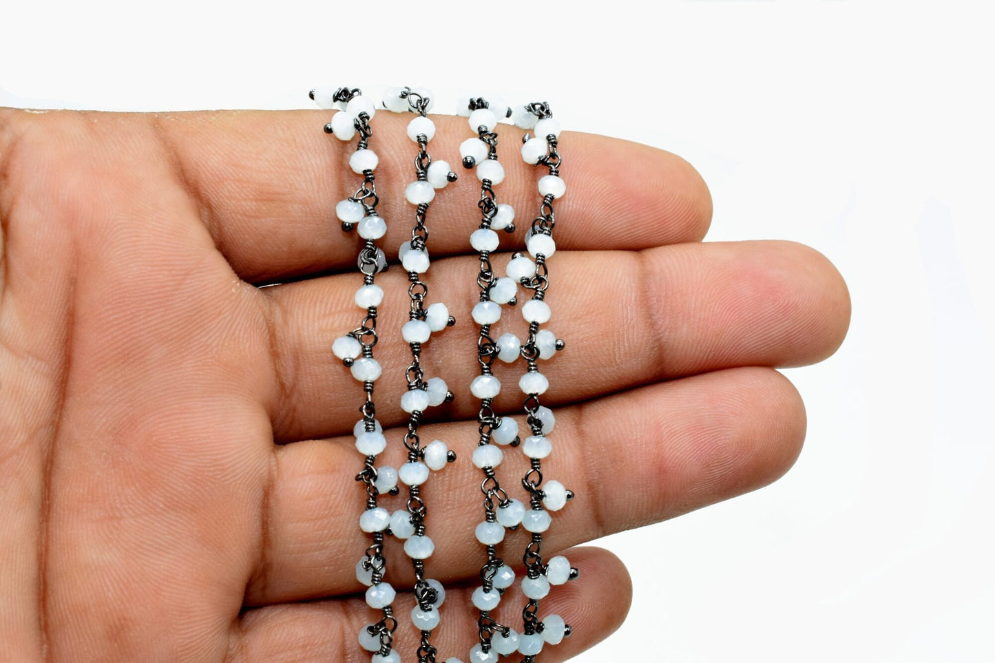 Aqua Chalcedony Cluster Rosary Chain,beaded Flower Chain Beads 3mm Rondelle faceted,Cluster Rosary Chains,Dangling Flower Chain,Rosary Chain