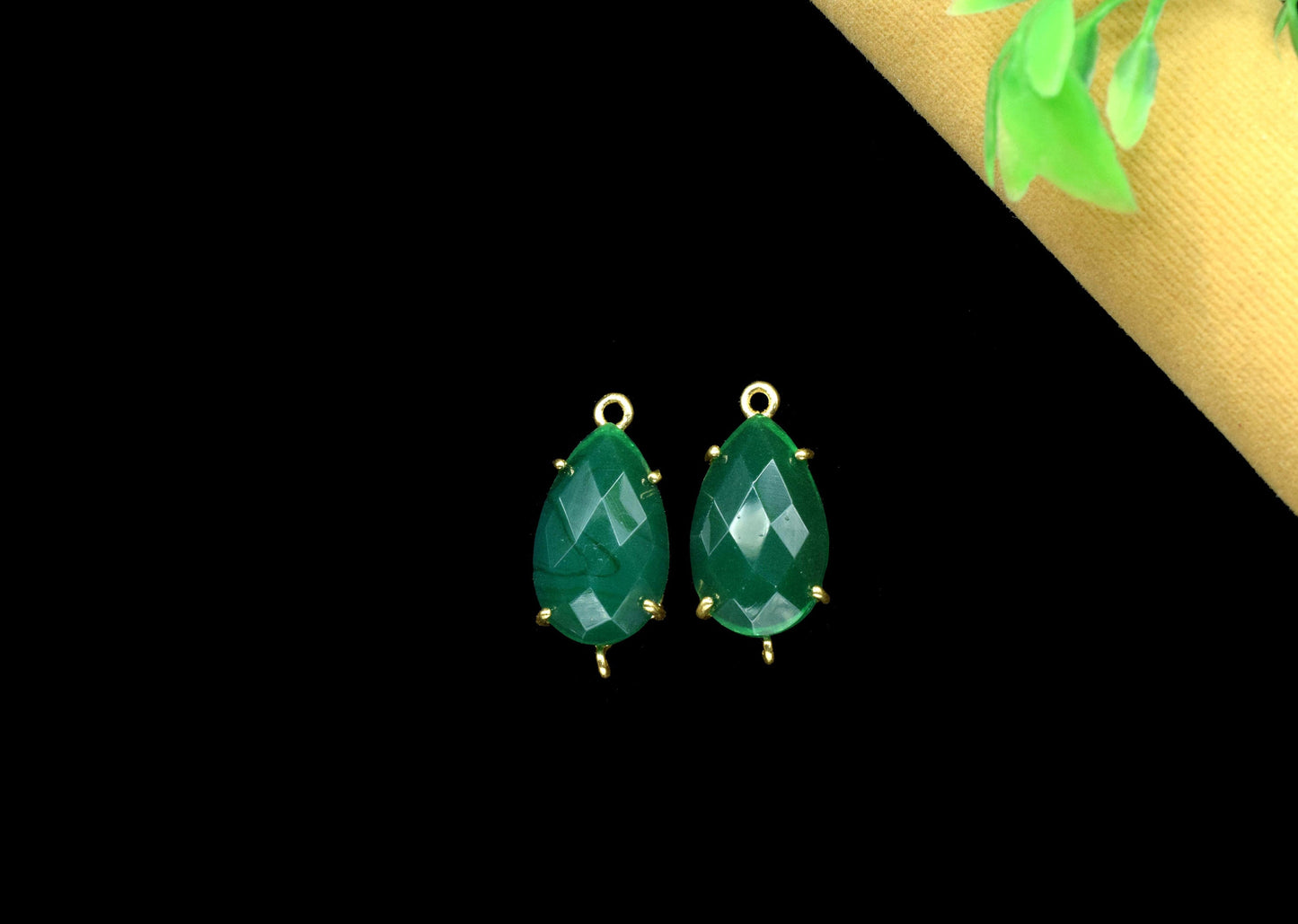 Green Onyx Connector,Green Onyx jewelry,Green Onyx Teardrop Bezel,double bail connector,Handmade Gemstone Bezel,Prong Set Bezel Connector