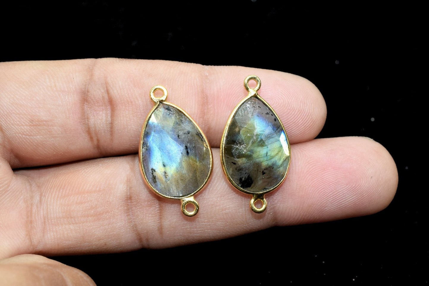 Labradorite 13x18mm Teardrop double bail connectors,Natural Labradorite Pear Checker Cut Gemstone- Pear Shape Gold Plated Bezel Connectors