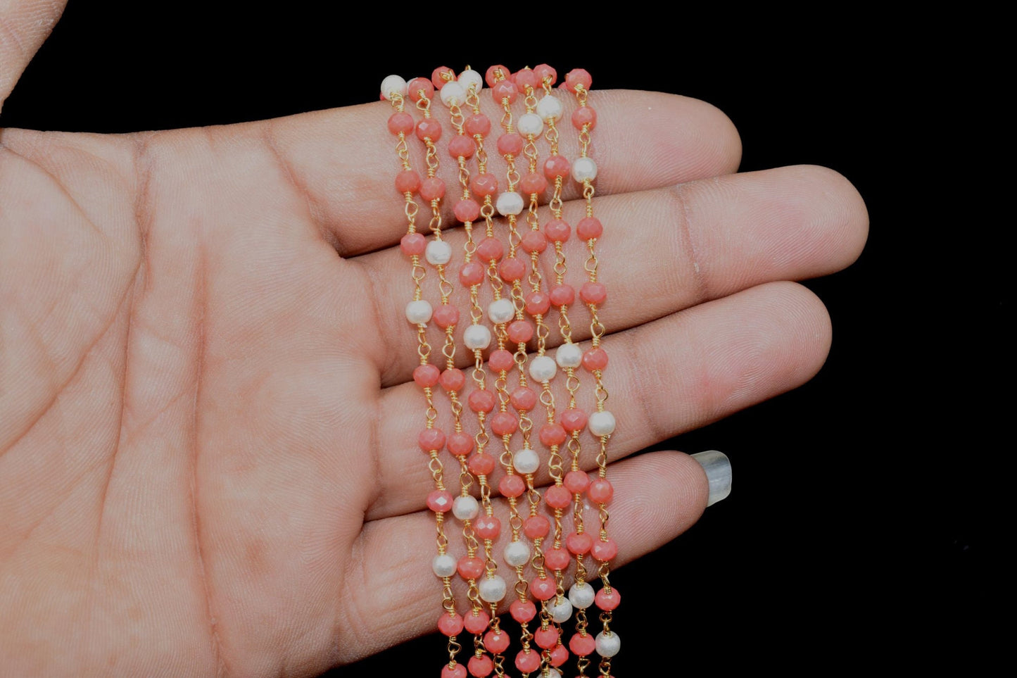 Red Coral Rondelle Beaded Rosary Chain,Gemstone Rosary Chain,Handmade Jewelery Making Craft,Pearl Wire Wrap Rosary Chain,Finding Chain Gift