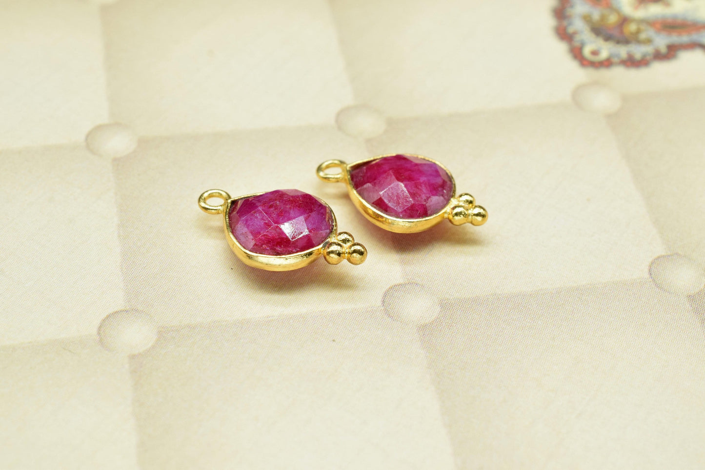 Ruby 10mm Heart Shape Pendant Jewelry,Ruby Checker Cut Gemstone Connector Jewelry Making,Ruby Faceted Gemstone Gold Plating Connectors,Gift