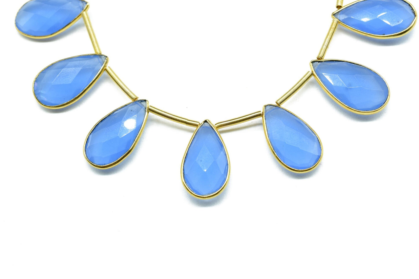 Blue chalcedony Side to Side Drilled chrams,Faceted Teardrop Gold Bezel Rim,pendant,earring findings,connector,Gemstone drilled bezel strand