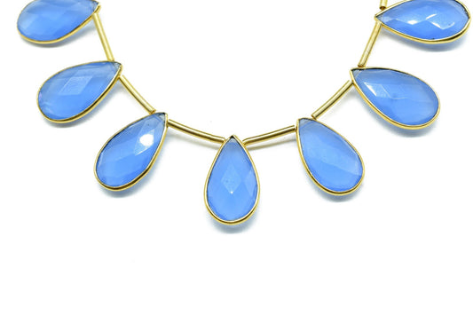 Blue chalcedony Side to Side Drilled chrams,Faceted Teardrop Gold Bezel Rim,pendant,earring findings,connector,Gemstone drilled bezel strand