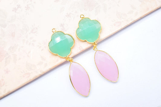 Aqua Chalcedony Bezel Charms Connector/Rose Quartz Connector Jewelry/Earring Connector/Station Bezel Link Pendant/Handmade Jewelry/Gift