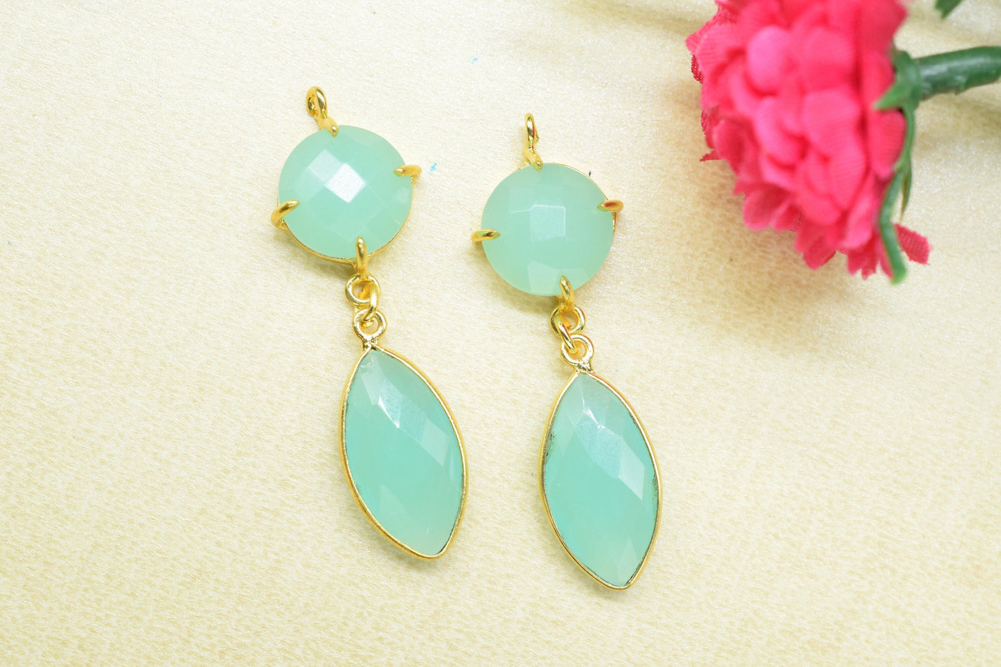 Aqua Chalcedony Prong Bezel Connector/Aqua Pendant/Prong Bezel Jewelry/Station Bezel Link Pendant/Handmade Jewelry/Connector/B'day Gift