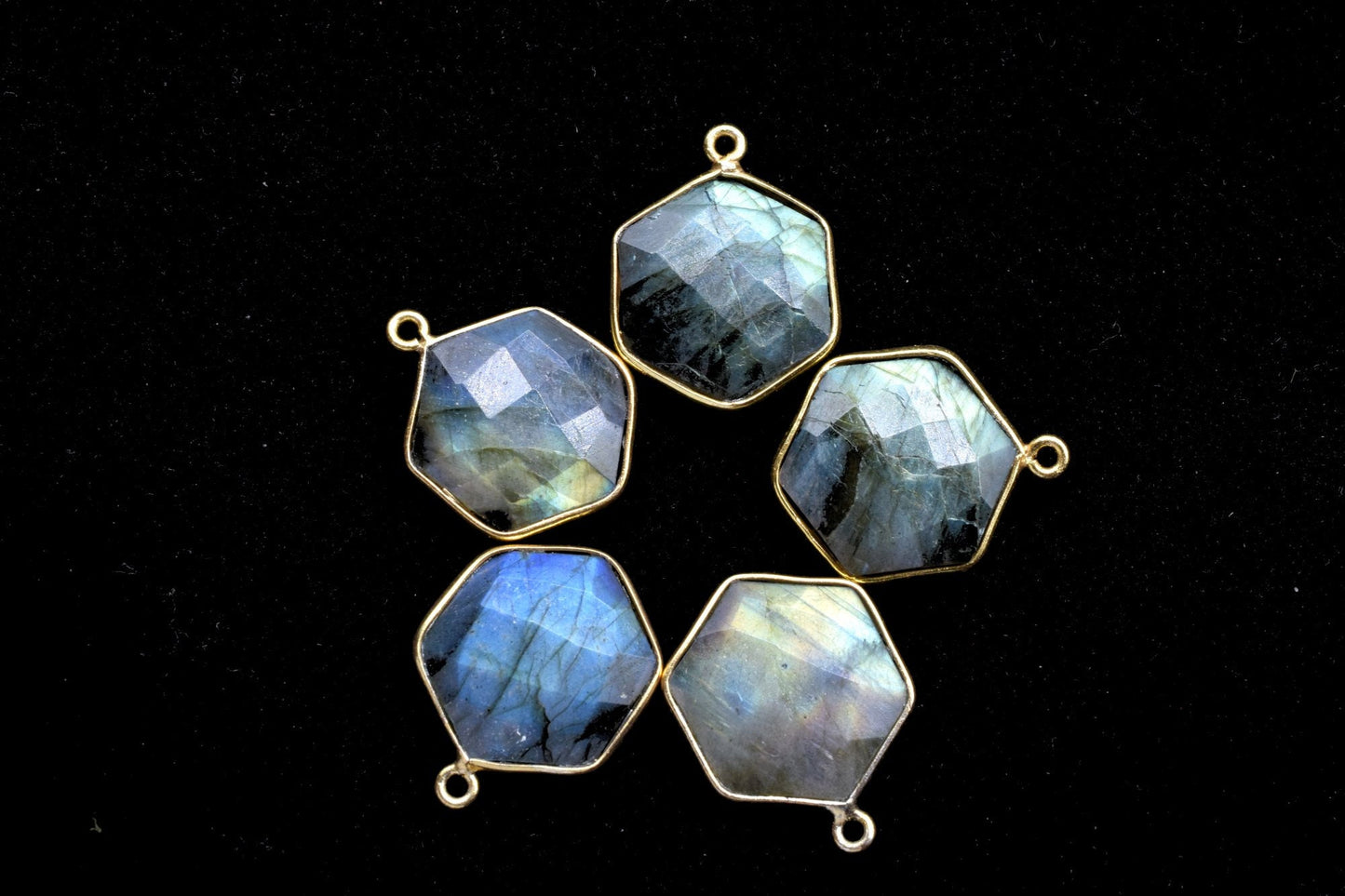 Labradorite 16mm Hexagon shape single loop connectors,Labradorite Pendant,Labradorite bezel link,Gemstone Hexagonal Cone Charm,Minimal Stone
