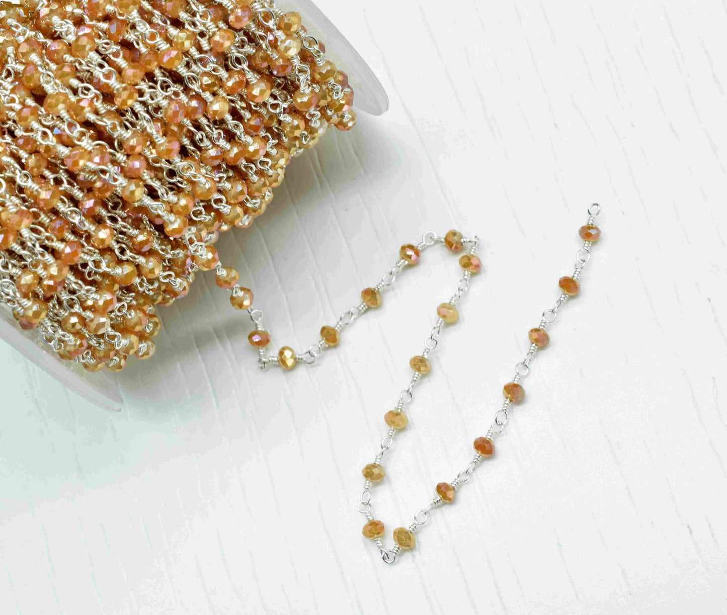 Peach Moonstone Quartz Beads Chain,Wire Wrapped Rosary Chain,Moonstone Coated Bead chain,Handmade Rosary Jewelry Making,Beaded Rosary Chain