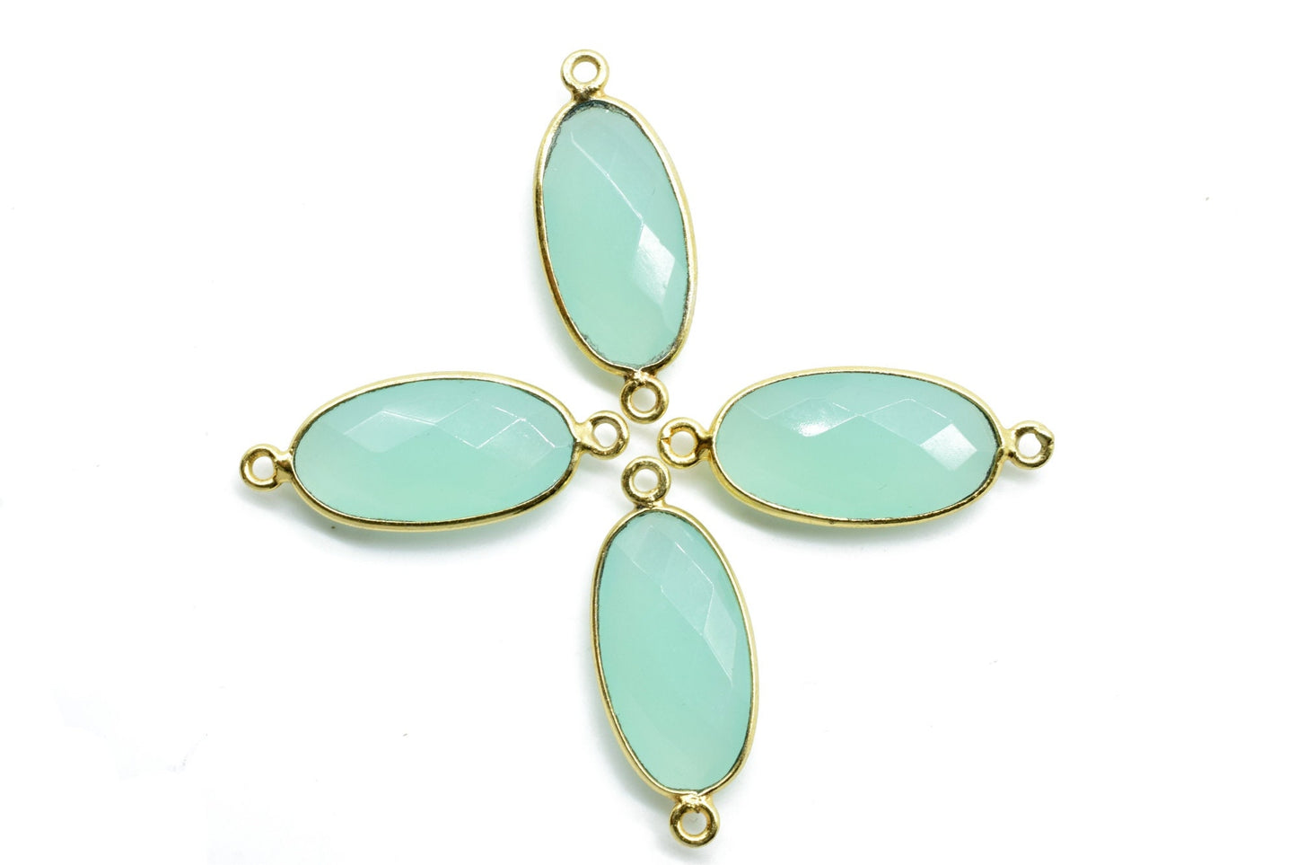 Aqua chalcedony 10x20mm double bail connectors,chalcedony Oval pendant,Gemstone connectors,Brass charm,Gold plated charms,Jewelry supplies