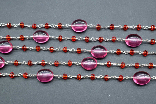 Natural Pink chalcedony Smooth Oval Rosary Style Beaded Chain,Gold Plated Wire Wrapped Chain,Gemstone Linked Handmade Chain,Jewelry Making,