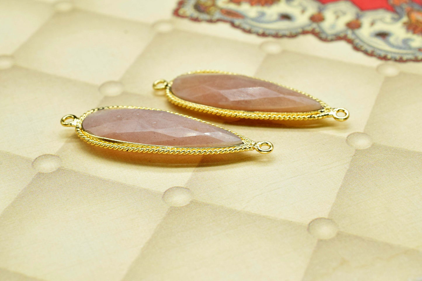 Peach Moonstone Faceted 10x30mm Teardrop Charms,Peach Moonstone Pendant Jewelry,Peach Moonstone Double Bail Bezel,Brass Gold Plated bezel