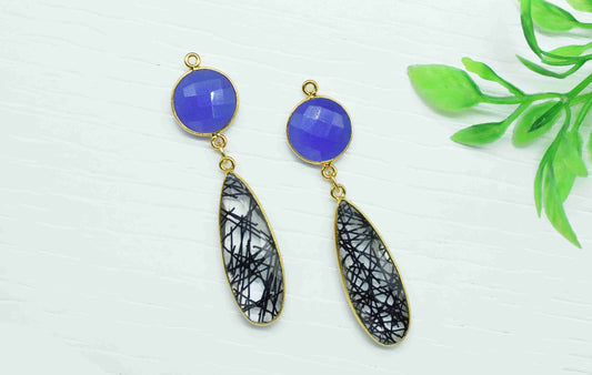 Black Rutile Dangle pendant Charms,Multi Gemstone pendant Connectors,Blue Quartz Dangle Earring,Handmade Station Link,Component jewelry Gift