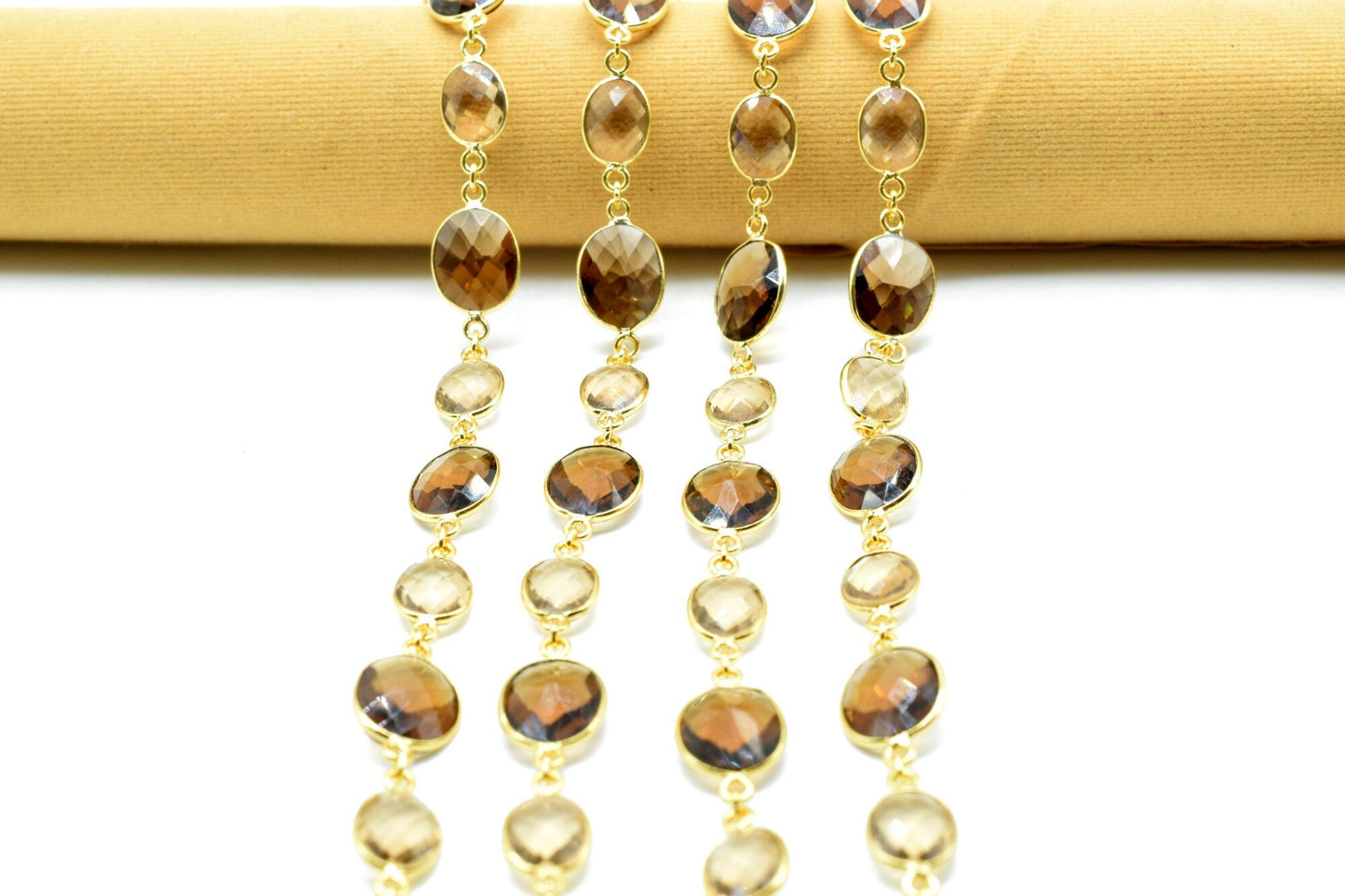 Smoky Quartz & Citrine Gold Plated Bezel Chain Gemstone Connector, Chain,Bezel Connector Chain,Selling Per Foot,Jewelry making chains