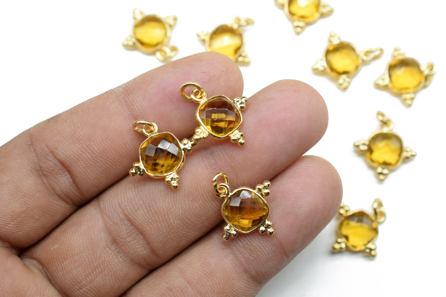 Citrine Quartz 8mm Cushion Bezel charm/Station Bezel Link Supplies/Citrine Jewelry Making/Square Pendant//Gemstone Connector Pendant