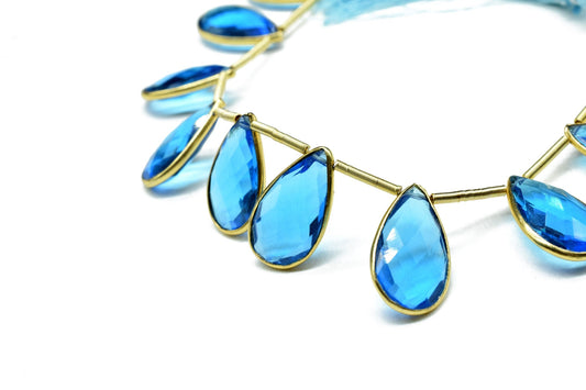 London Blue topaz Pear Shape Gold Plated Bezel strand,10x18mm pear Charms Making Jewelry Findings Supply, Topaz charms strands,