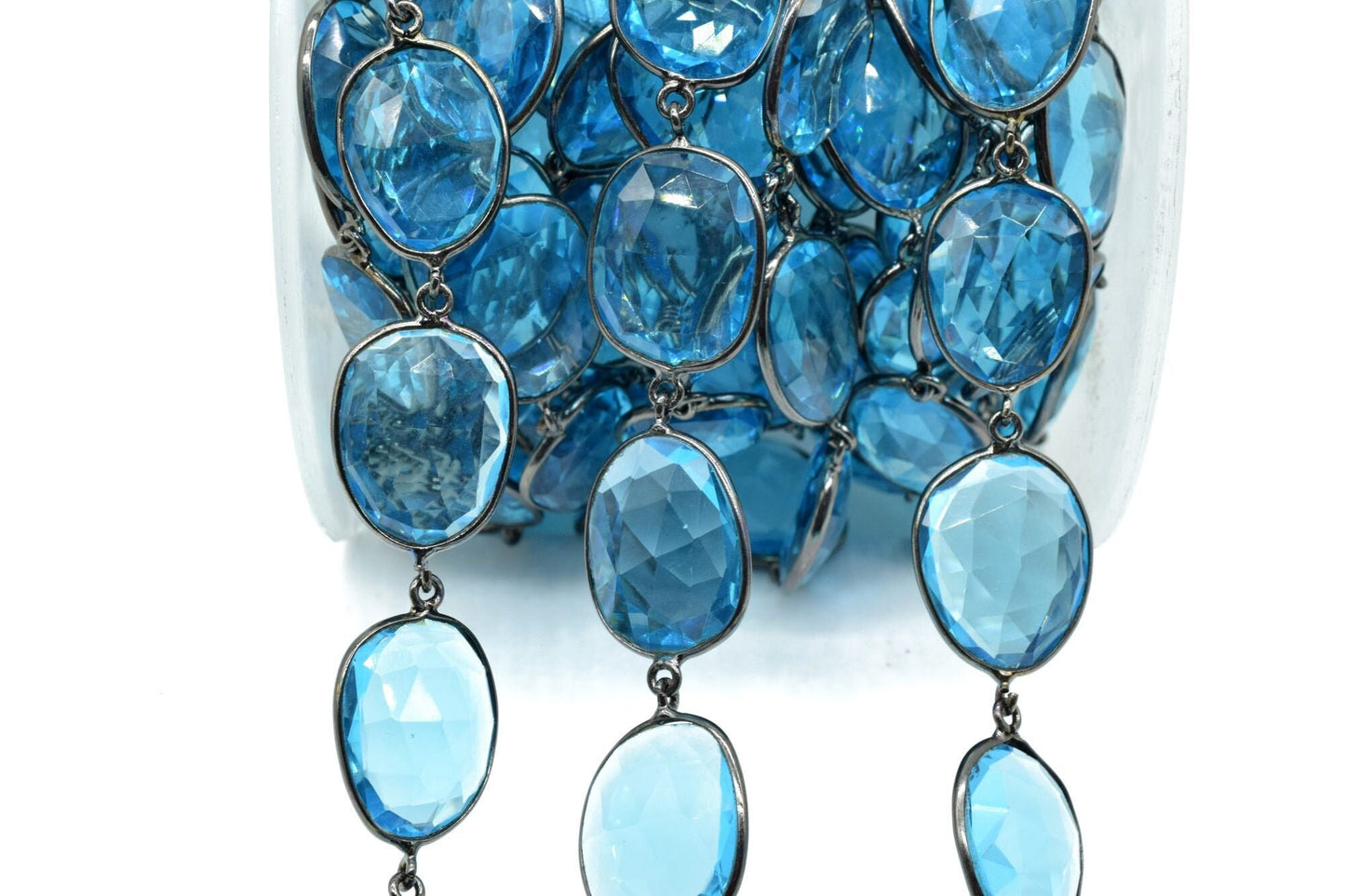 London Blue Topaz Bezel Connector Chain,Blue Topaz Free form Connector Chain,Topaz Handmade Bezel Link Chain,Black rhodium Bezel Link Chain