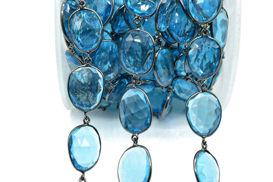 London Blue Topaz Bezel Connector Chain,Blue Topaz Free form Connector Chain,Topaz Handmade Bezel Link Chain,Black rhodium Bezel Link Chain