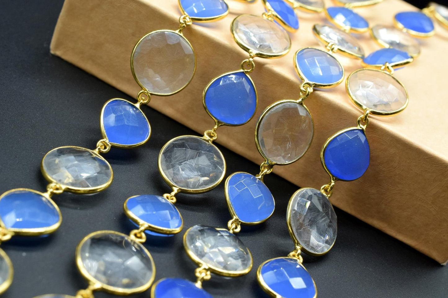 Blue chalcedony & Crystal Bezel Chain I Handmade Bezel Link Chain I Chalcedony Gold Plated Bezel Chain,,Gemstone Connector Chain Per Foot