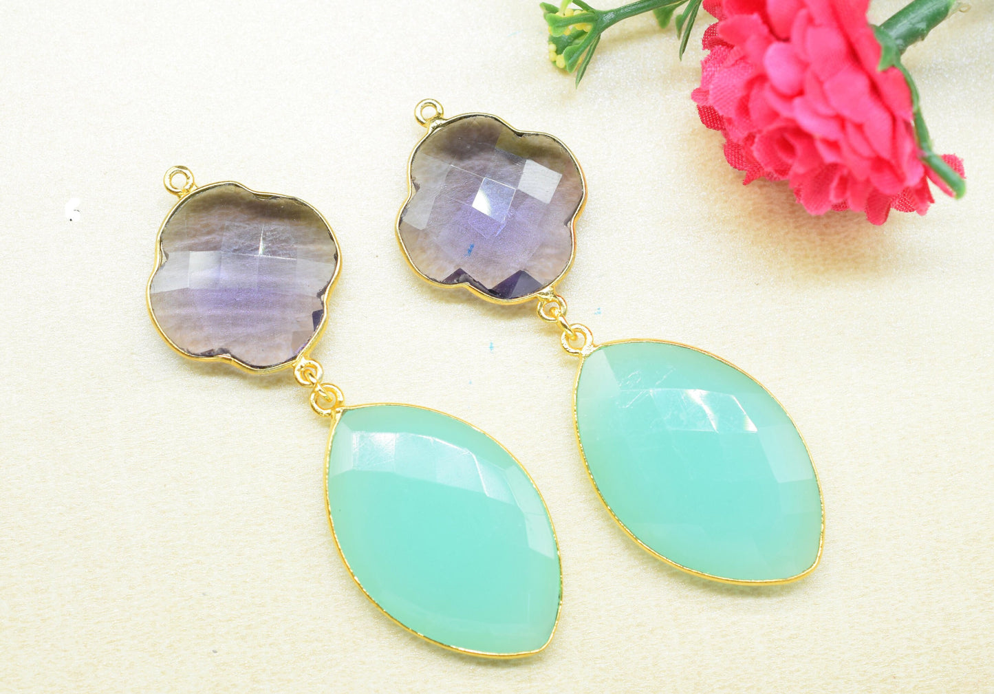 Amethyst Bezel Charms Connector/Aqua Chalcedony Connector Jewelry/Earring Connector/Station Bezel Link Pendant/Handmade Jewelry/B'day Gift