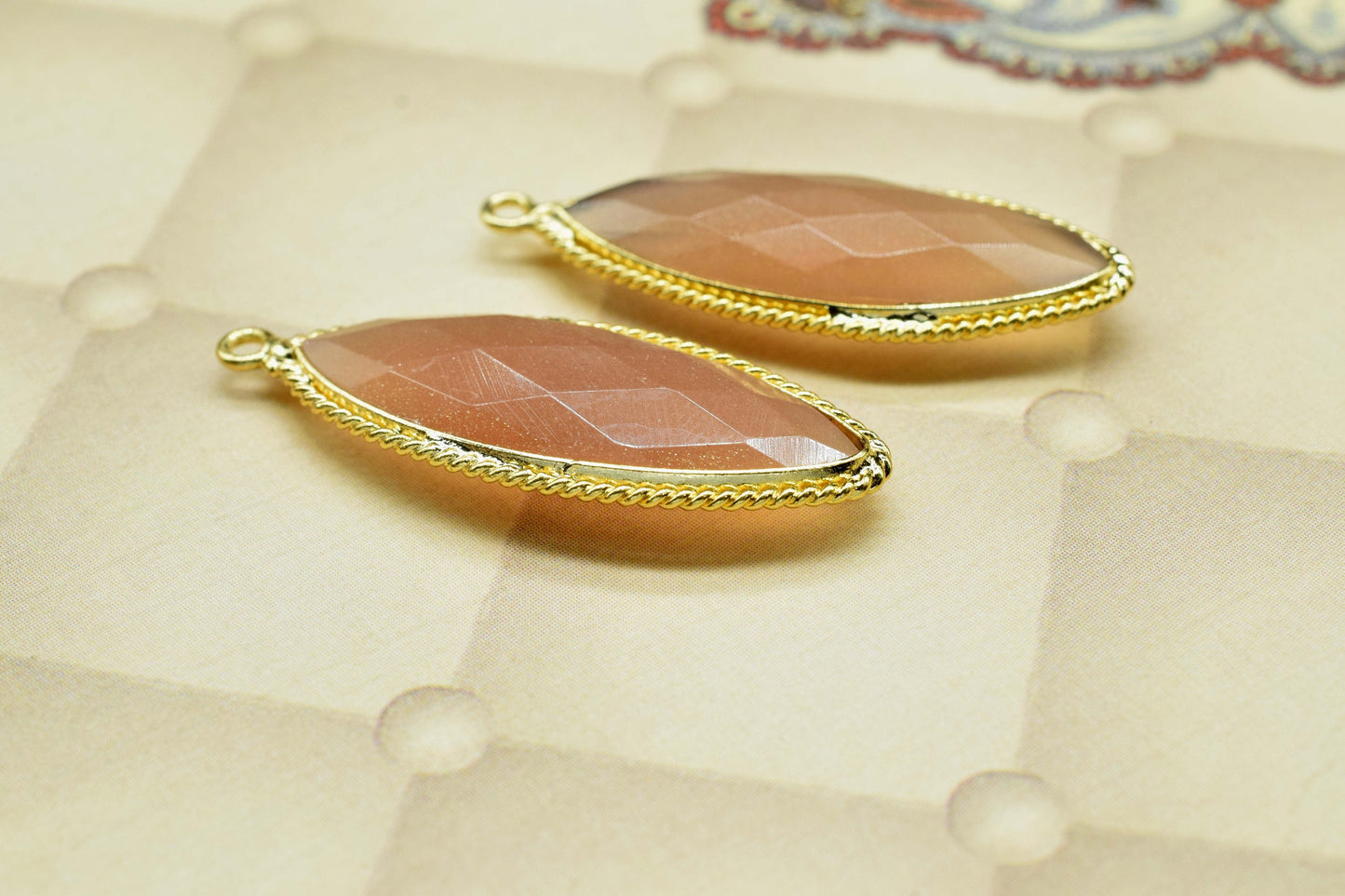 Peach Moonstone Gemstone 10x30mm Marquise Shape Connector,Peach Gemstone Gold Plating Single Bail Jewelry Connector,Peach Moonstone Pendants