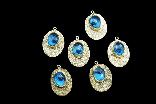 Blue Topaz Pendant Charms,Finding Oval Gemstone Component,Handmade Connector,Matt Pendant Charm,Gift