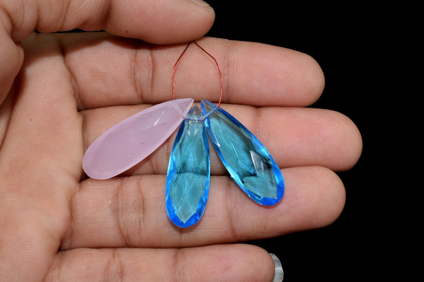 Natural Blue Topaz Long drop Briolettes,Rose Quartz Side drilled Briolette,Long Drop Briolettes,Handmade Topaz Briolette,December Birthstone