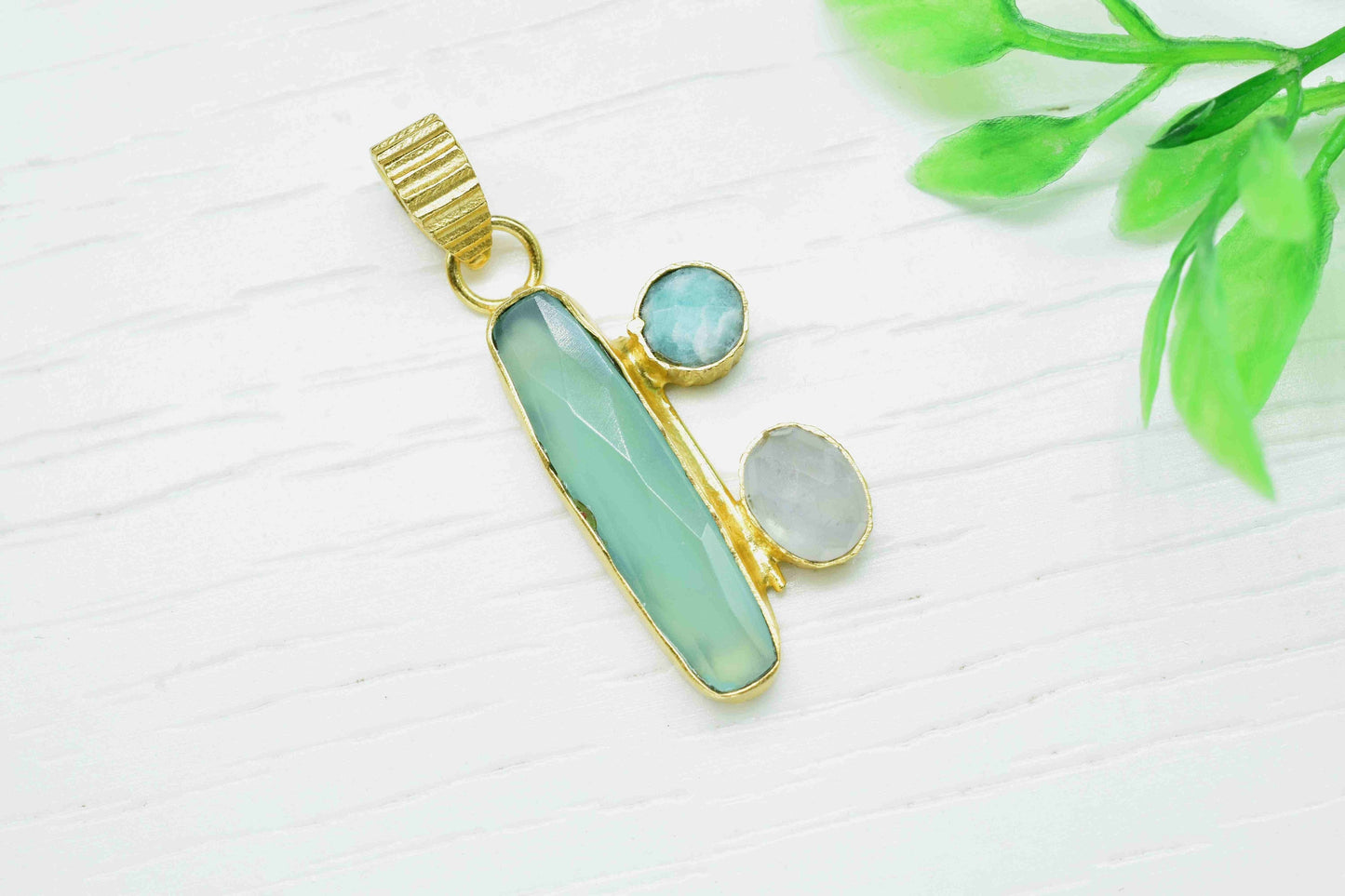 Multi Stone 6x25mm Pendant,Aqua Chalcedony Rectangle Shape Pendant,Moonstone Oval Jewelry,Single Bail Pendant,Amazonite Round Shape Pendant