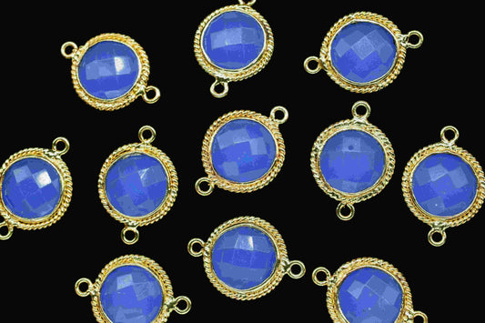Blue Chalcedony 10mm Round Shape Double Bail Connector,Blue Chalcedony Gold Plating Gemstone Bezels Connector,Chalcedony Double Loop Charms