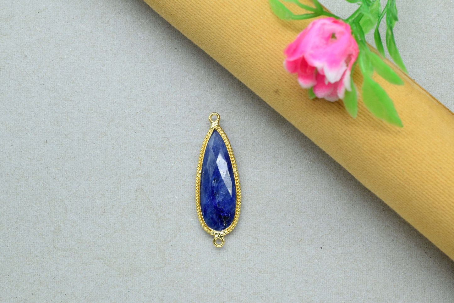 Blue Sapphire Faceted 10x30mm Pear Shape Charm,Blue Sapphire Connectors,Sapphire Double Bail Connector,Sapphire Gold Plated Charms Pendant