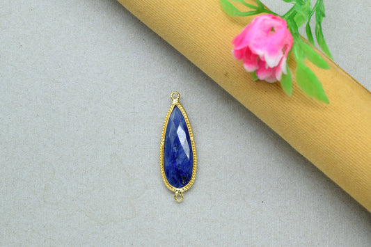Blue Sapphire Faceted 10x30mm Pear Shape Charm,Blue Sapphire Connectors,Sapphire Double Bail Connector,Sapphire Gold Plated Charms Pendant