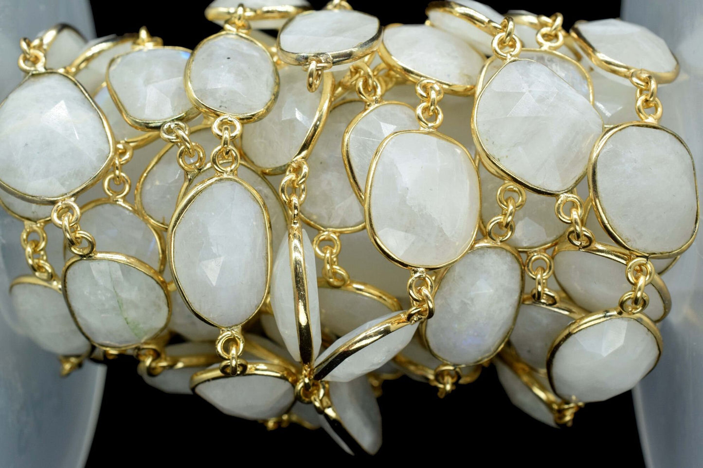 Rainbow Moonstone Connector link-Gold Bezel Chain,Free Size Faceted Gemstone Connector,Handmade Bezel Link Chain,Rainbow Moonstone Jewelry