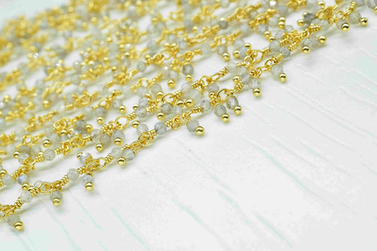Labradorite 2mm Cluster Beaded Chain,Labradorite Rosary Chains,Gold Plating Wire Wrap Chain,Brass Chain,Rosary Chain,Jewelry Making Chains