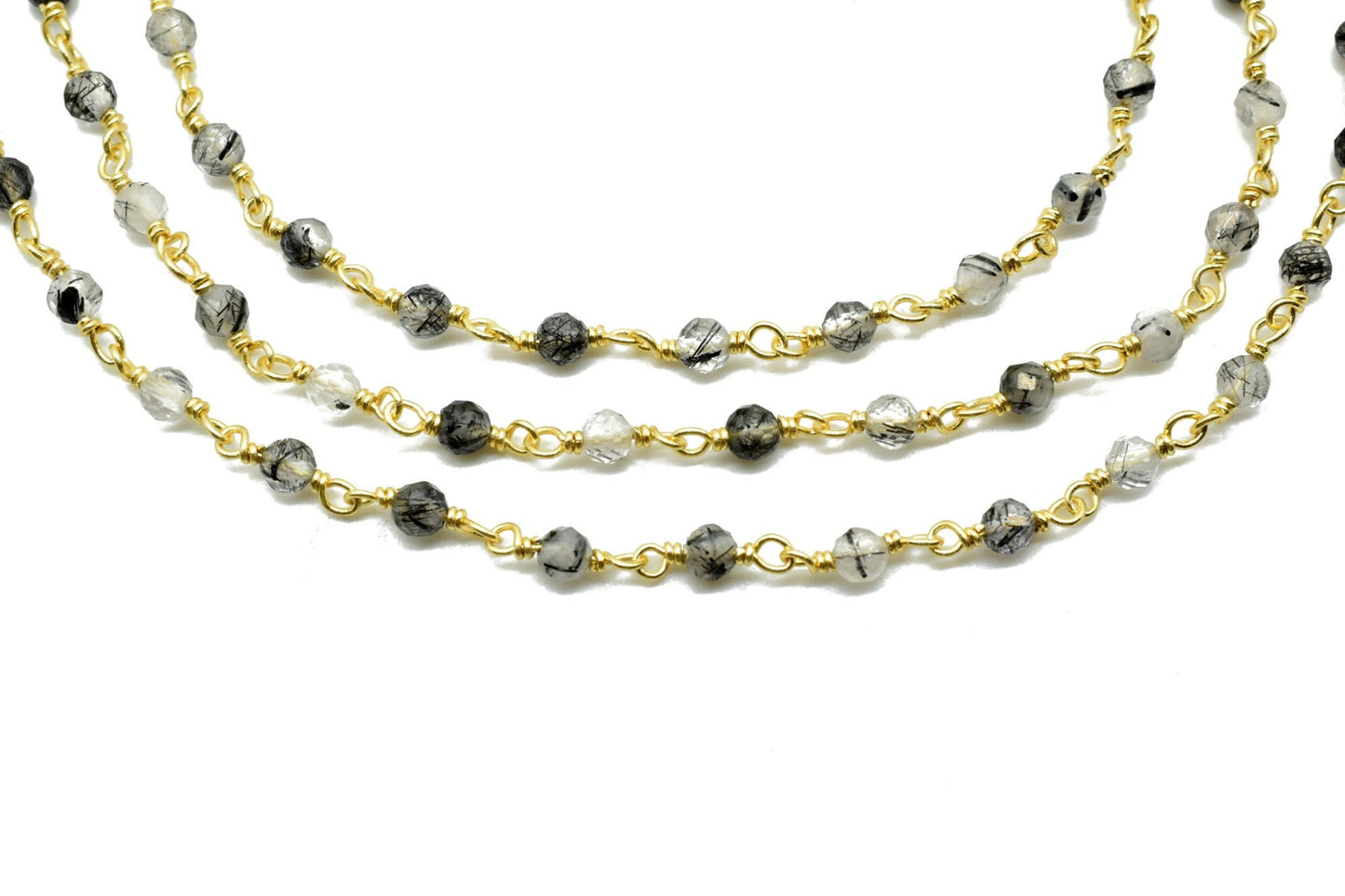 Black rutile 3mm Beaded Chain,Black Rutile Gemstone Rosary Chains, Tourmalated Quartz 3mm Faceted Beads,Rutile Wire Wrapped Rosary Chains