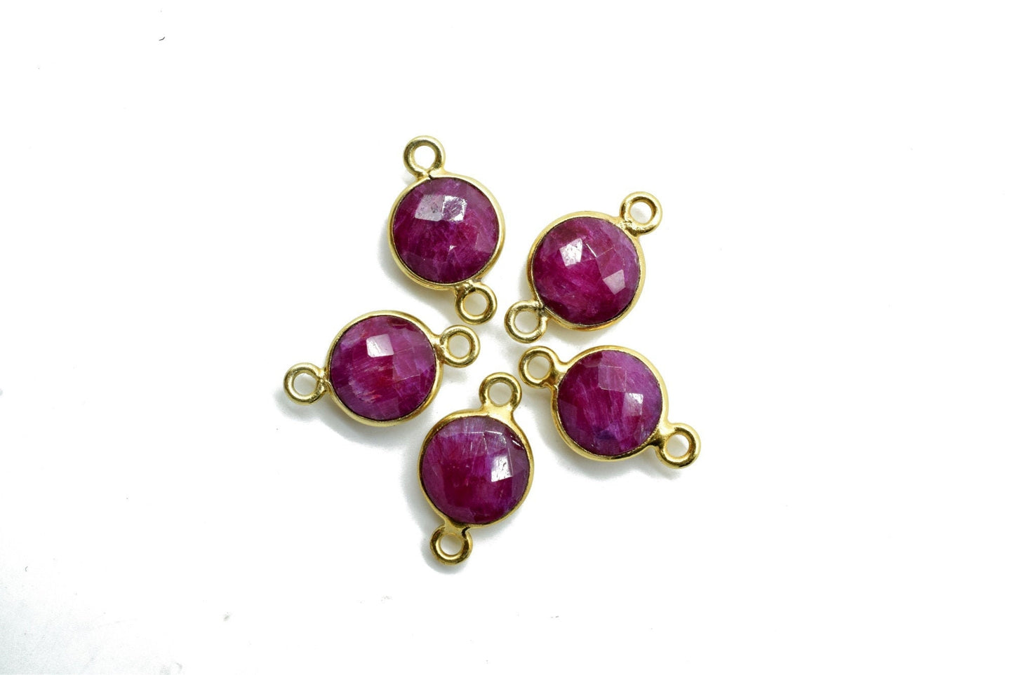 Natural Ruby 8mm round double loop connectors,Ruby Pendant,Ruby Round Gold Plated bezel,Bezel,Ruby jewelry making charm,Ruby Brass connector