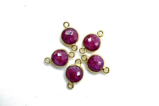 Natural Ruby 8mm round double loop connectors,Ruby Pendant,Ruby Round Gold Plated bezel,Bezel,Ruby jewelry making charm,Ruby Brass connector