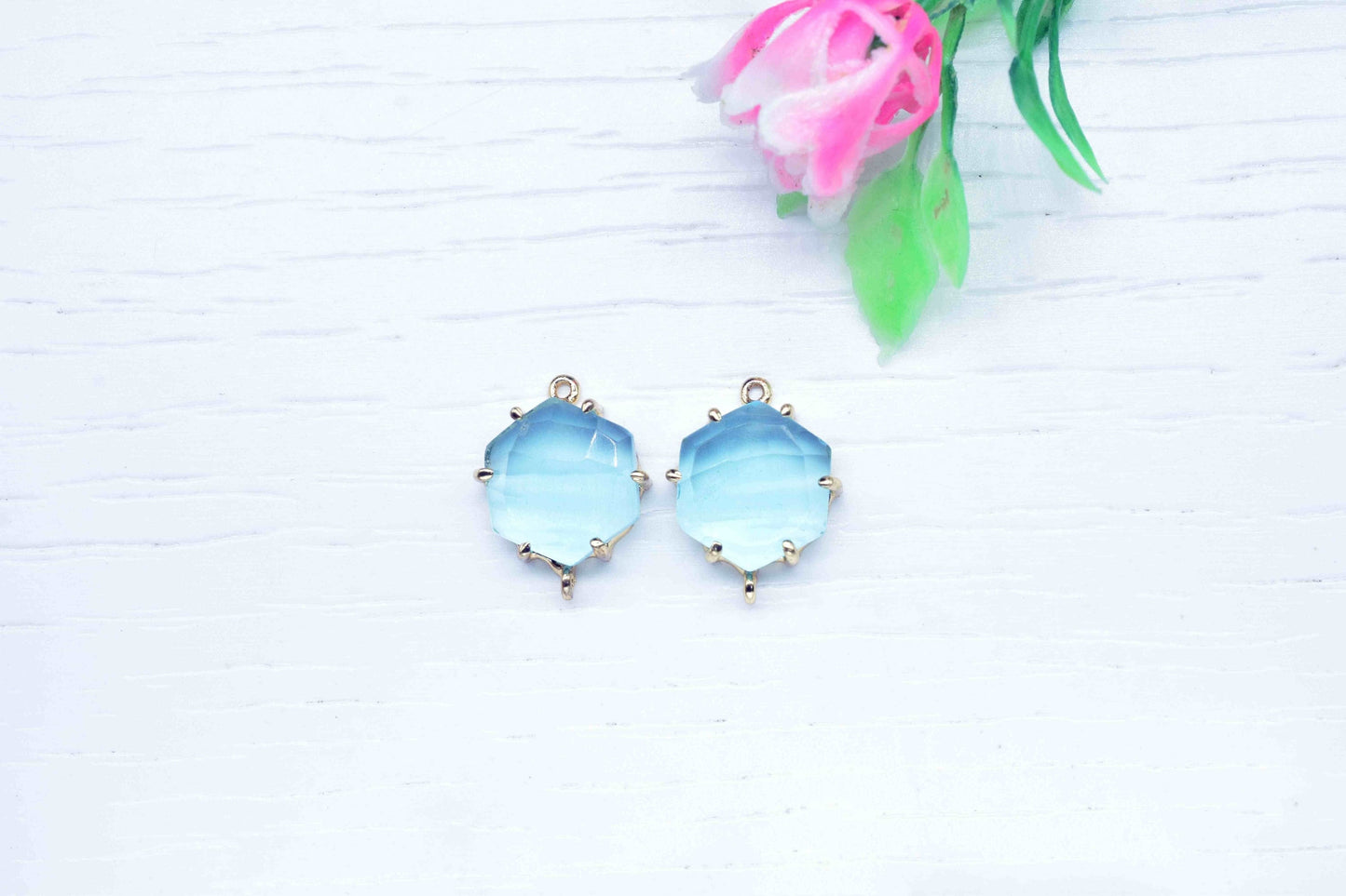 Sky Topaz Hexagon Connector,Charms for bracelet necklace Jewelry Making,Handmade Gemstone Bezel,Beads Prong Jewelry,double bail connector