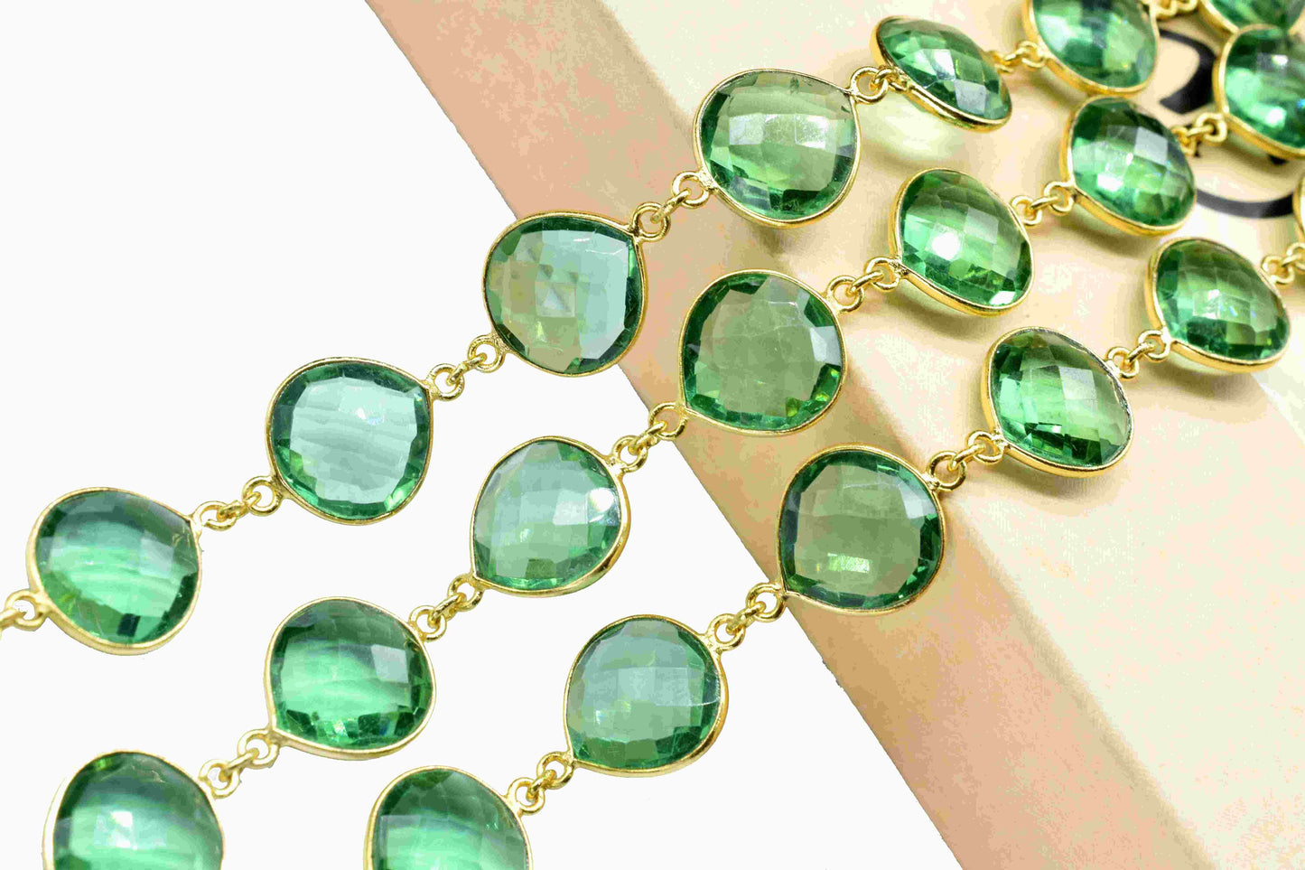 Emerald Quartz 12mm Heart Shape Bezels Chain,Emerald Checker Cut Gemstone Bezel Connector Chain,Handmade Heart Shape Connector Jewelry Chain