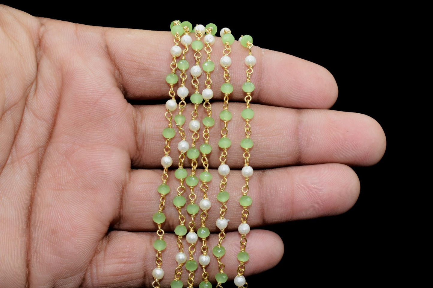 Prehnite Faceted Beads Rosary Chain,Gold Plated Wire wrapped Beaded Chain,Gemstone Beads Rosary Chain,Pearl Rosary Chain,Wire Wrapped Beads