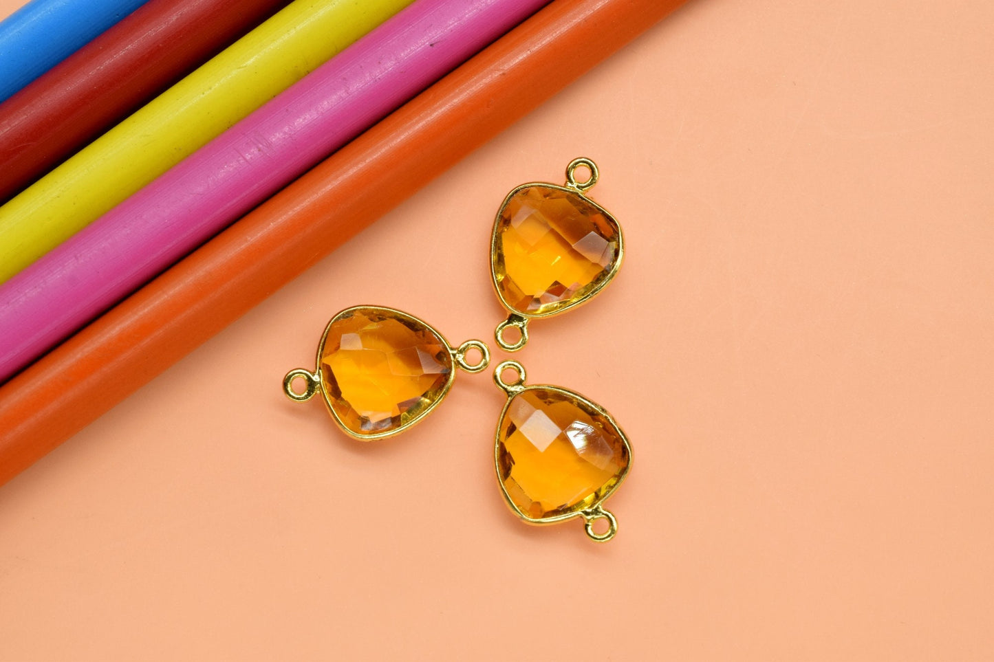 Citrine Quartz 12mm Triangle shape double bail connector,Brass Gold Plated bezel,Citrine Pendant,Citrine gold plated bezel,Citrine charms