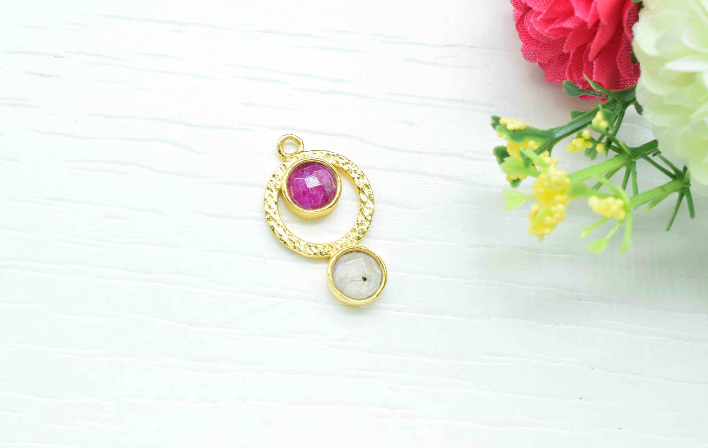 Ruby Pendant , Moonstone Pendant  Multi Gemstone Handmade Pendant , Gold Plated Connectors ,Single Bail Gemstone Connector Charm