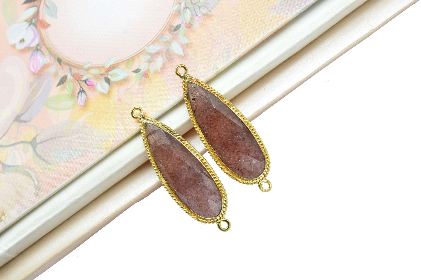 Pink Strawberry Gemstone Pendant,Strawberry Faceted 10x30mm pear shape Charm Connector Jewelry,Pink Strawberry Gold Plated Double Bail bezel