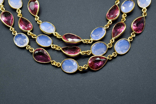 Pink Tourmaline & Opalite Bezel Connector Chain,Gold Plated Gemstone Chain, Bracelet Chain, Oval Connectors,Pink Tourmaline Connector Chain