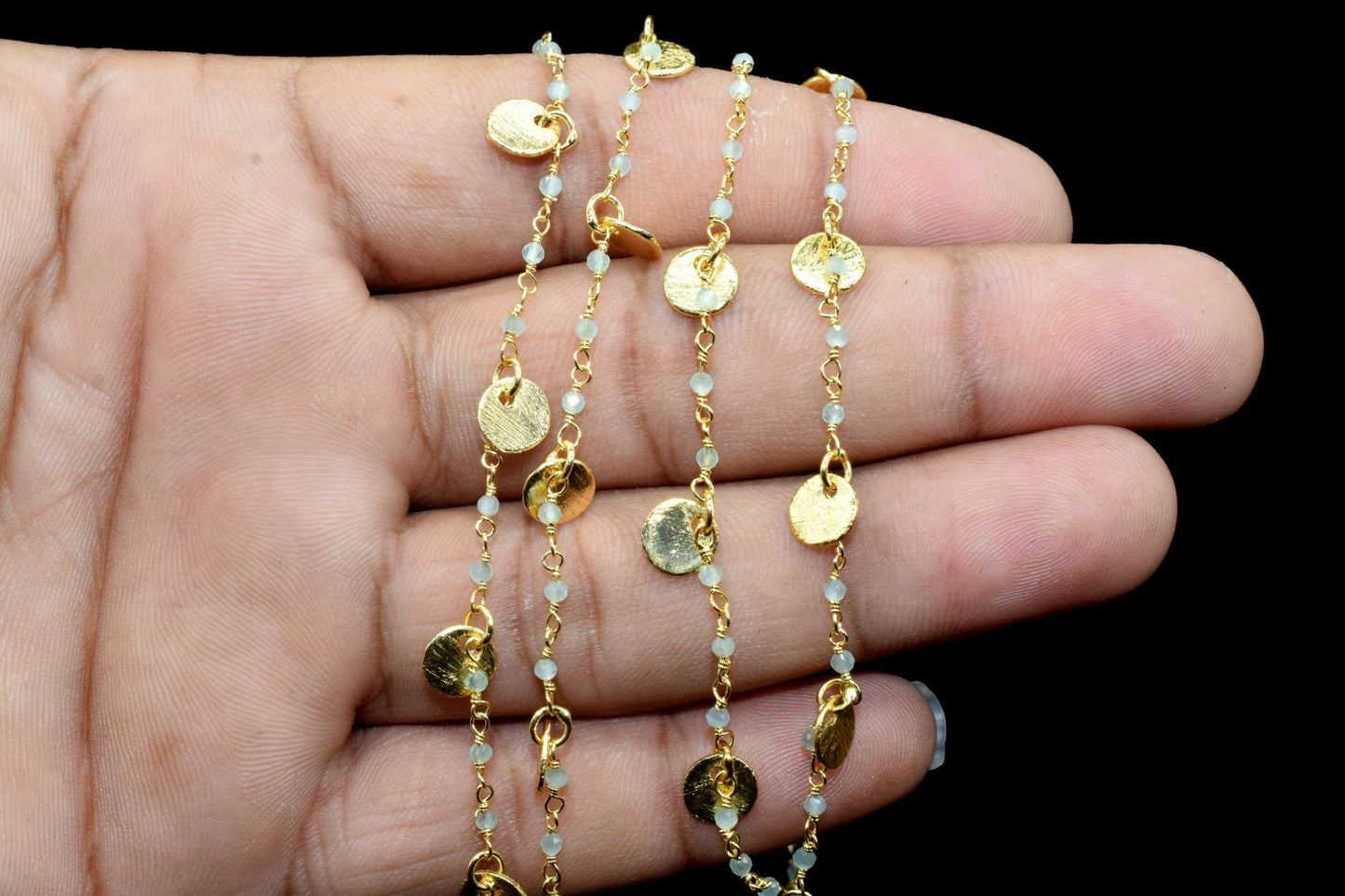 Aqua chalcedony 2mm Beaded & Circle Charm Chain,Aqua Chaledony Rosary Chain,Gold Plating Wire Wrap Chains,charms chains,Jewelry Making Chain