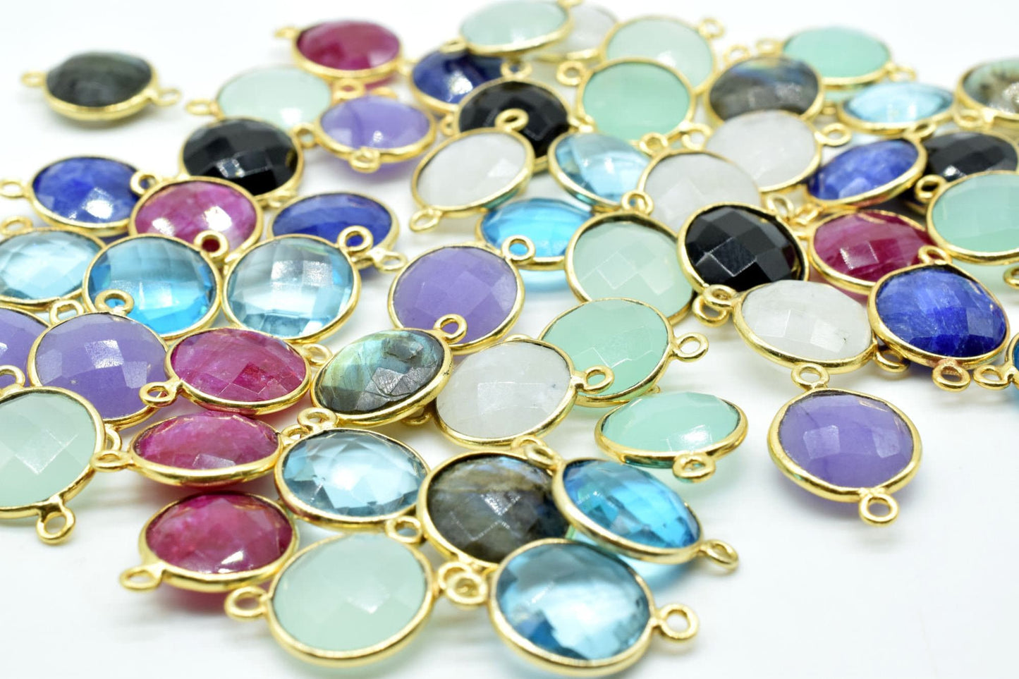 Sky Topaz 12mm Round Double loop connectors,Brass Gold Plated bezel,Sky Topaz Pendant,Sky Topaz double bail connectors,Topaz Round connector