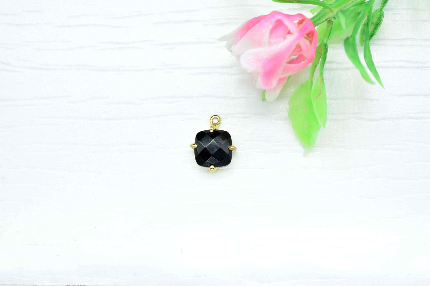 Black Onyx 8mm Cushion Shape Gemstone Single bail connector,Black Onyx Handmade Gemstone Bezel Prong Set Pendants,Black Onyx Faceted jewelry