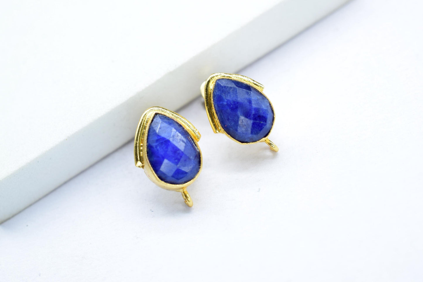 Blue Sapphire Studs Connector/Gold Plated Earring/Handmade Studs/Bezel Set Studs/Teardrop Earring/Women Jewelry/Connector Studs/B'day Gift