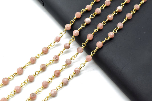 Rhodochrosite 3mm Beaded Chain,Gold Plated Wire Wrapped Rosary Chain,rhodochrosite beaded chain, stone links,antiqued gold finish rosary