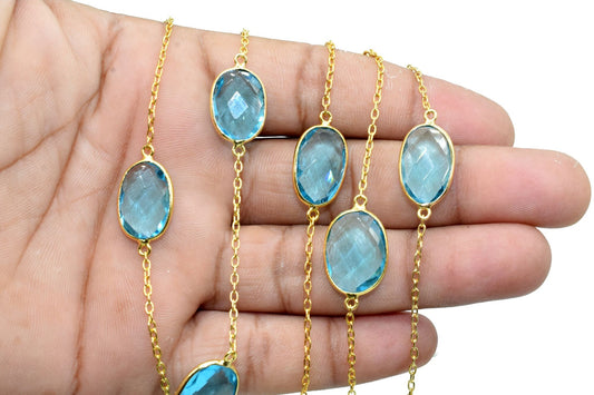 London blue Topaz connector link Chain,blue Topaz Bezel Chain,blue Topaz Oval Shape Connector Chain,blue Topaz bezeled chain,blue Topaz link