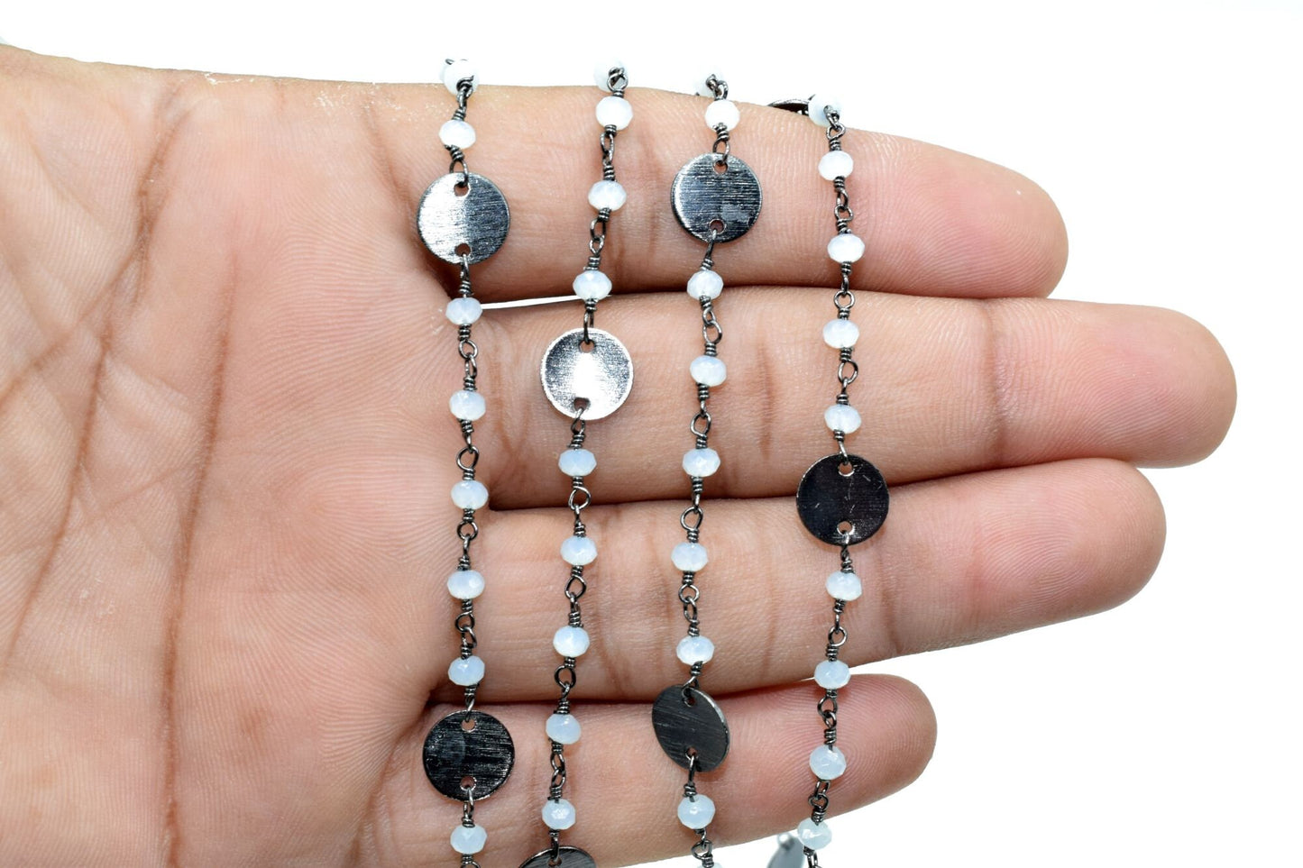 Aqua Chalcedony 3-3.5mm Rondelle Faceted circle Charm,24K Gold Plated Rosary Chain,Chalcedony Beaded Chain,Beaded Gold Plated Wire Wrapped